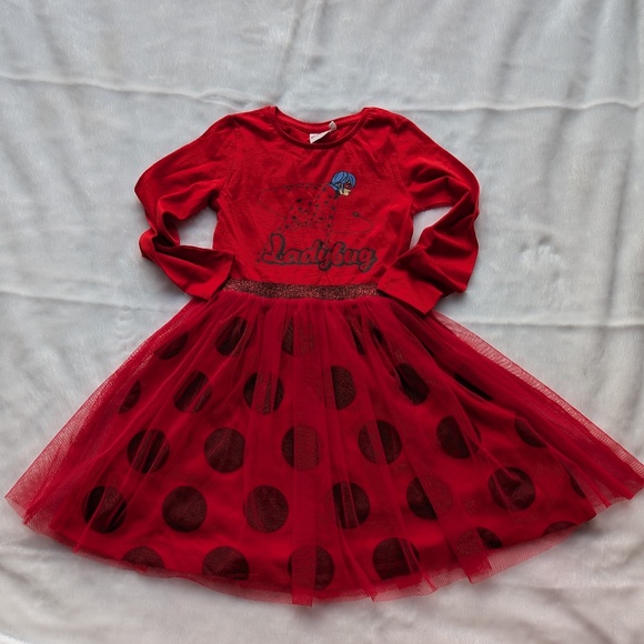 Red Ladybug Party Dress for Girls Polka Dot Tulle Skirt & Long Sleeve 5T - Picture 1 of 6